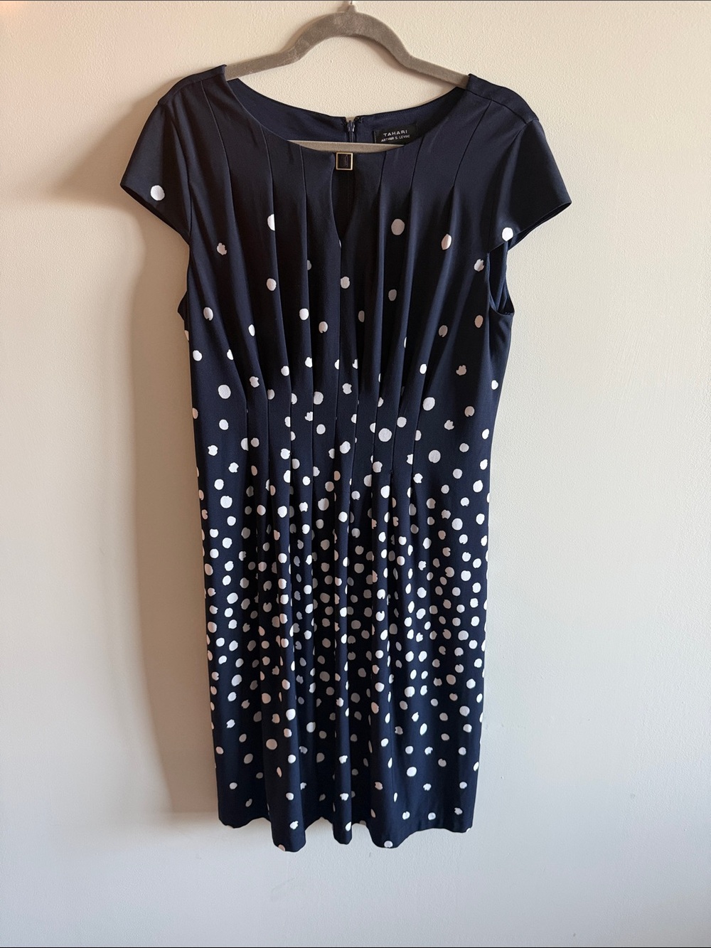 Tahari ASL Navy and White Polka Dot Midi Dress